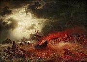 marcus larson Nattlig marin med brinnande fartyg USA oil painting artist